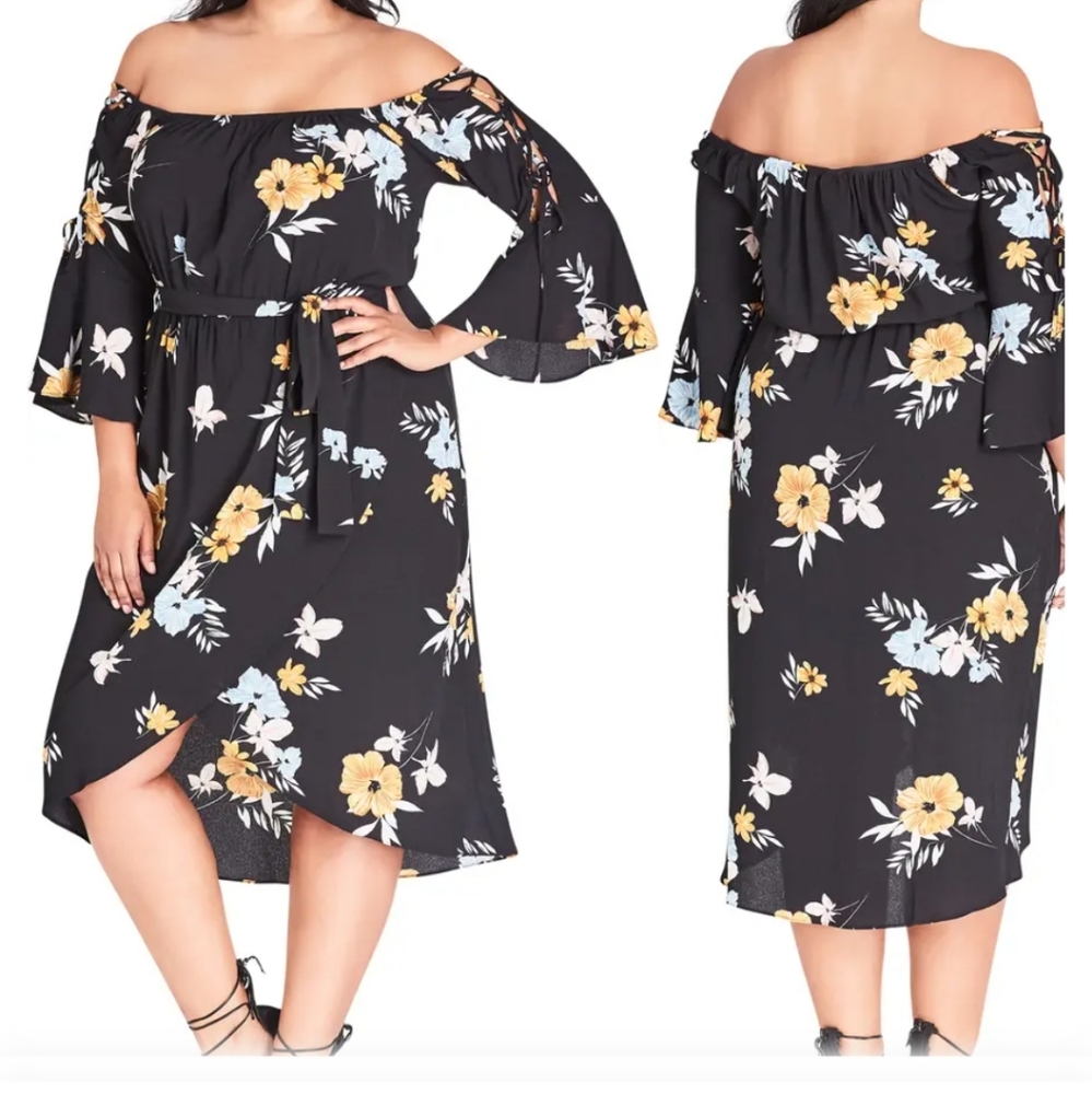 City Chic Zinnea Floral Off-The-Shoulder Summer Wedding Tea Party Dress*